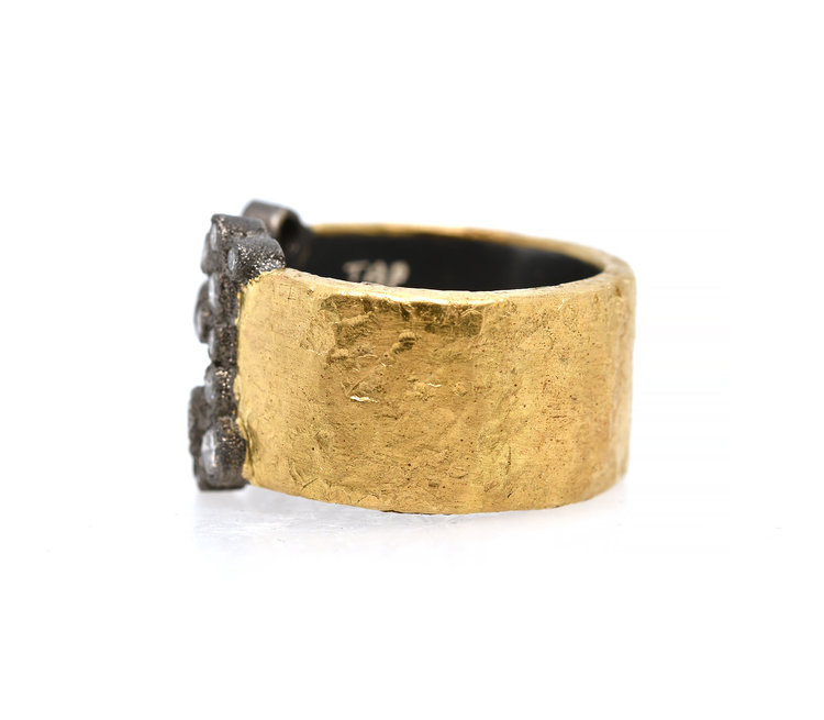 TAP Rustic Yellow Gold Diamond Wide Hammered Band