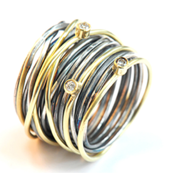 Disa Allsopp Part Oxidized Silver Spaghetti Ring with Three Diamonds and Three Gold Strands
