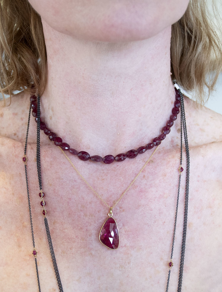 Amali Ruby Triple Textile Station Oxidized Necklace