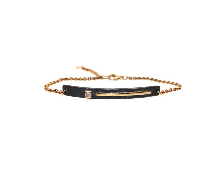 CFJ Fusion ID Bracelet/ Gold Stripe, Princess Diamond and Oxidized Sterling Silver
