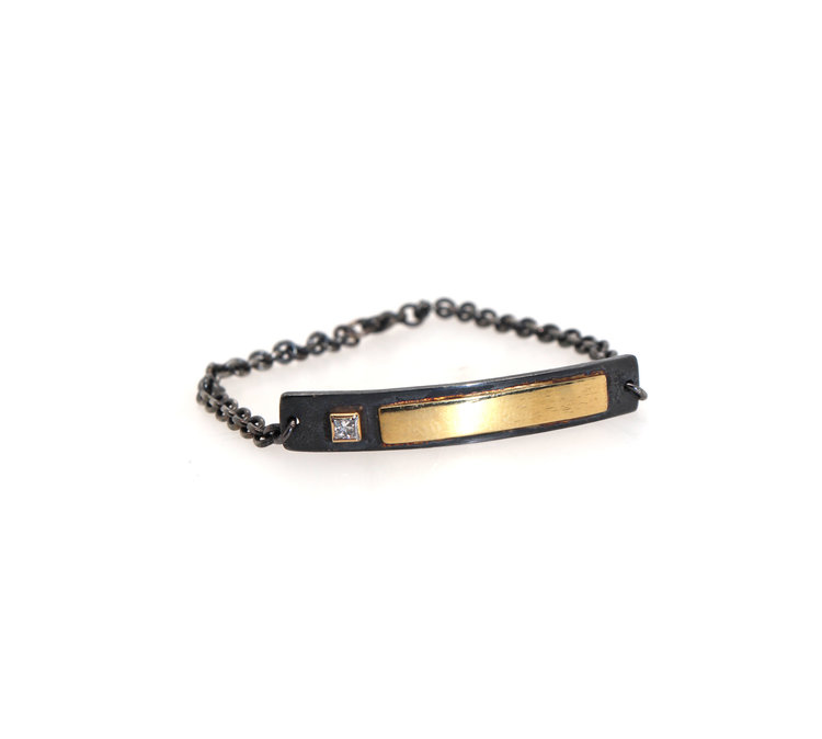 CFJ Fusion Large Gold Bar, Princess-Cut Diamond and Oxidized Sterling Silver Bracelet