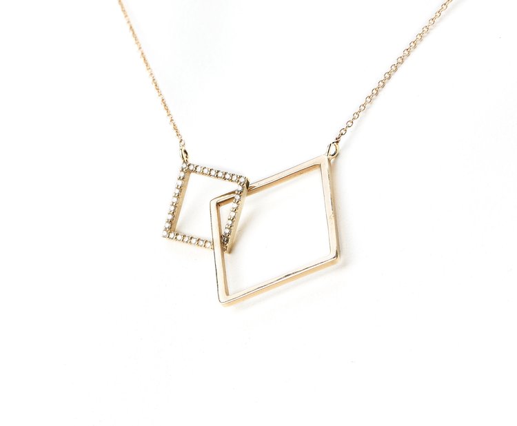 Leslie Paige Small Diamond and Gold Two-Square Puzzle Necklace