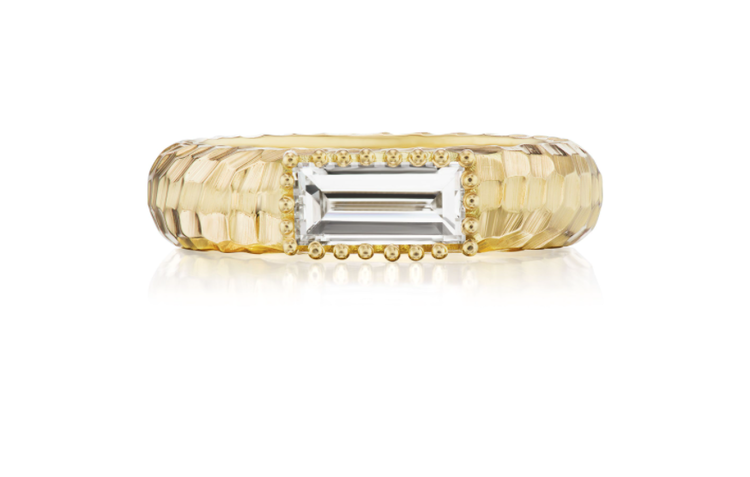 Dana Bronfman Hammered Flush Set Baguette Tubular Band