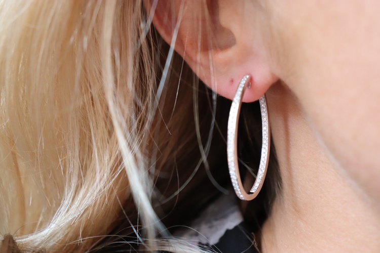 Elements by E79 White Gold Oval Inside Outside Diamond Hoop  Earrings