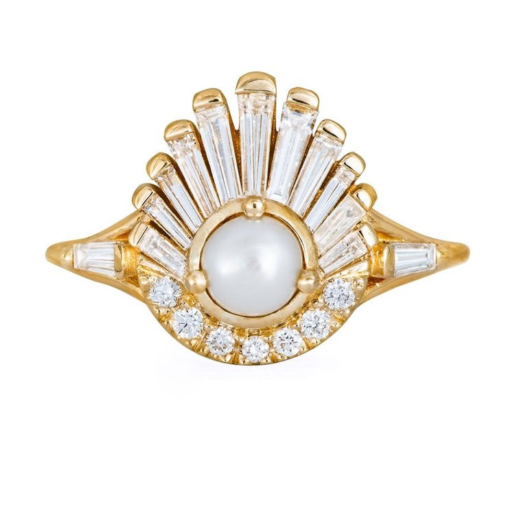 Artemer Diamond and Pearl Engagement Ring - Baguette Diamond Shell Ring