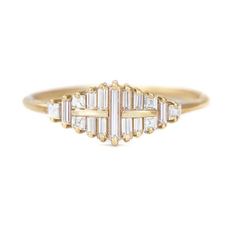 Artemer Needle Diamond Cluster Diamond Ring with Gold Bars