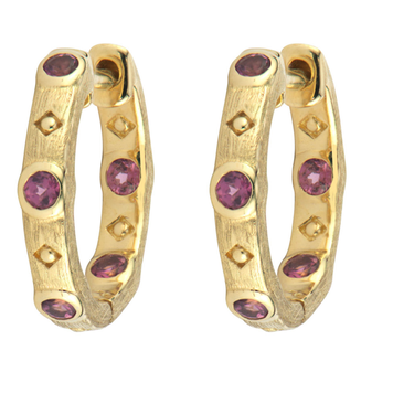 Jude Frances Yellow Gold Jane Hoops with Rhodolite Pair
