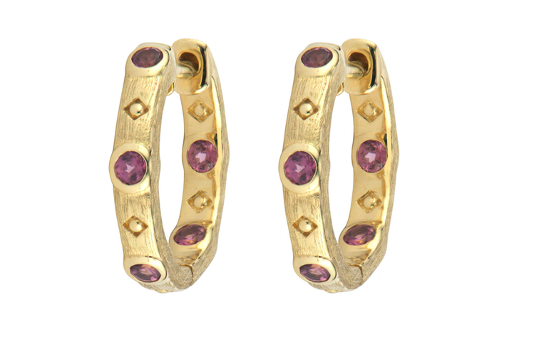 Jude Frances Yellow Gold Jane Hoops with Rhodolite Pair