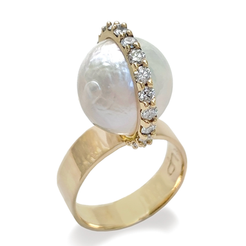 Leslie Paige Baroque Pearl YG Perched Ring with Diamond Halo