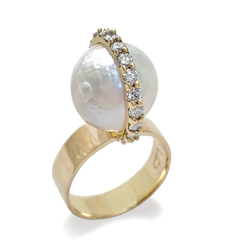 Leslie Paige Baroque Pearl Yellow Gold Perched Ring with Diamond Halo
