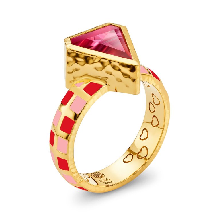 Buddha Mama Pink Tourmaline Trillion with Red and Pink Enamel Ring
