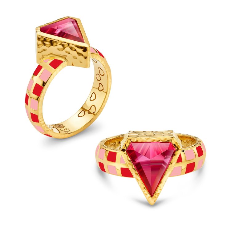 Buddha Mama Pink Tourmaline Trillion with Red and Pink Enamel Ring