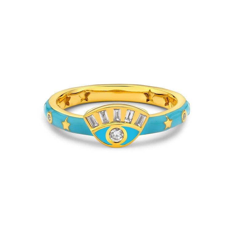Buddha Mama Sky Blue Enamel and Diamond  Evil Eye Ring