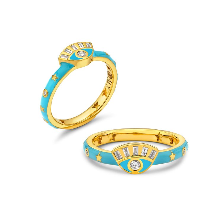 Buddha Mama Sky Blue Enamel and Diamond  Evil Eye Ring