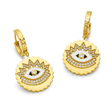 Buddha Mama White Enamel and Diamond Scalloped Edge Evil Eye Huggie Earrings