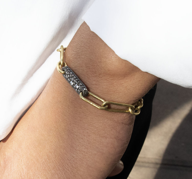 TAP Yellow Gold and Blackened White Gold Chain Link Inverted Diamond Plaque ID Bracelet