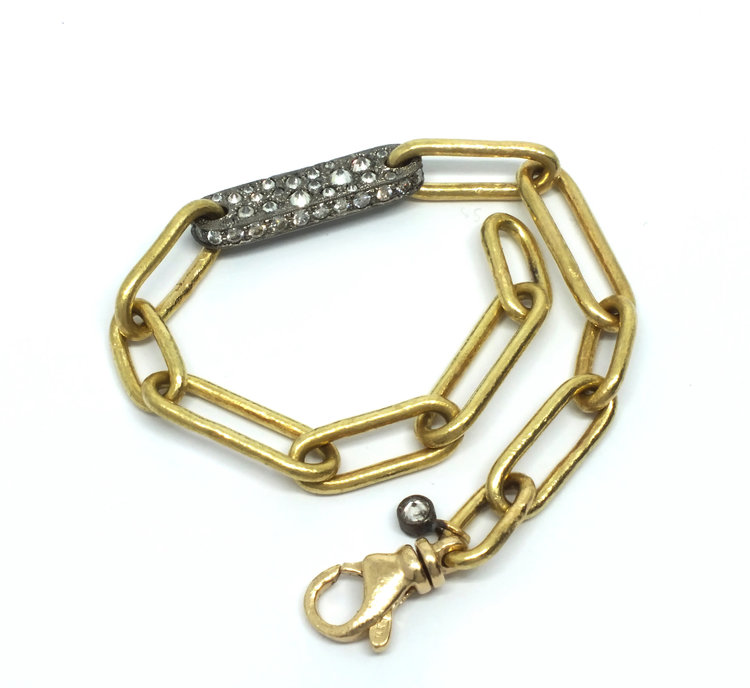 TAP Yellow Gold and Blackened White Gold Chain Link Inverted Diamond Plaque ID Bracelet