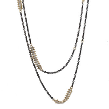 Amali Silver Diamond Textile Row Multi Station Oxidized Necklace