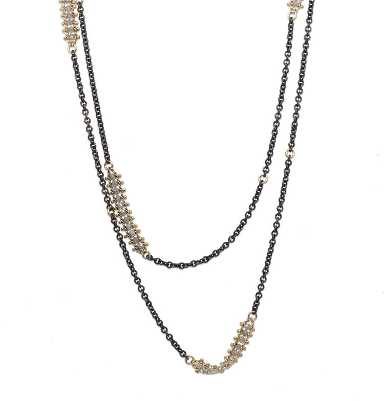 Amali Silver Diamond Textile Row Multi Station Oxidized Necklace