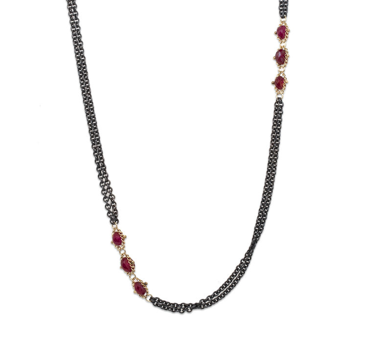 Amali Ruby Triple Textile Station Oxidized Necklace