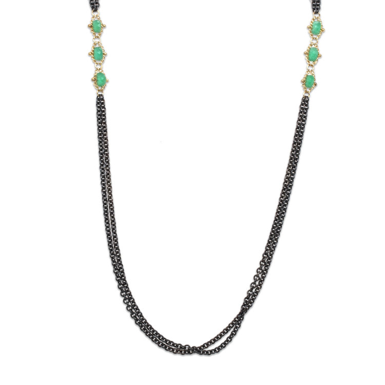 Amali Emerald Triple Textile Station Oxidized Necklace 30"
