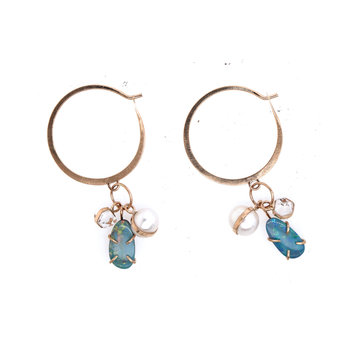 Melissa Joy Manning Pearl, Herkimer, and Australian Opal Charm Cluster Medium Gold Hoop