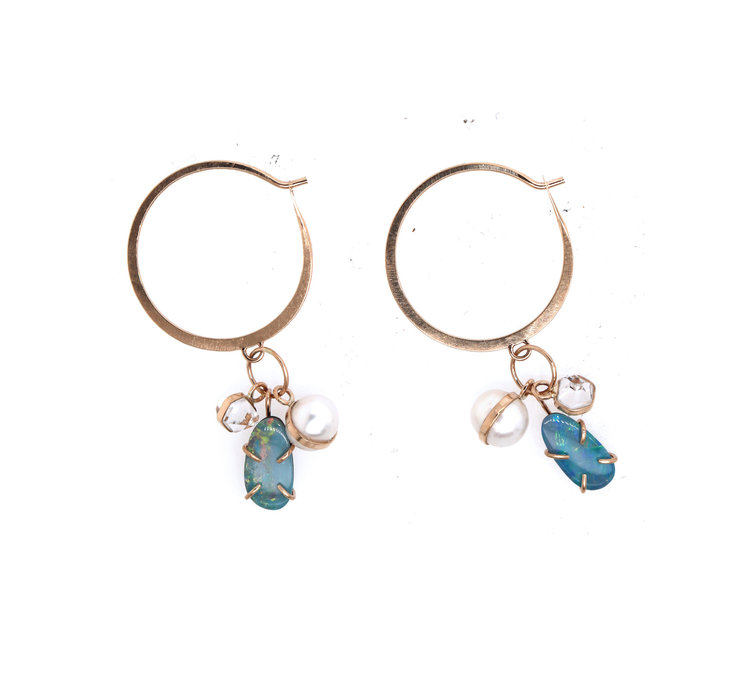 Melissa Joy Manning Pearl, Herkimer, and Australian Opal Charm Cluster Medium Gold Hoop