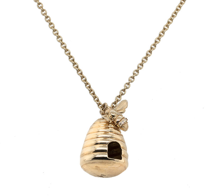 CFJ Bees Pave Tiny Bee and Gold Beehive Pendant Necklace