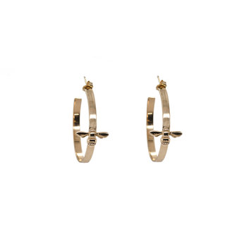 CFJ Bees Polished Gold and Pave Diamond Tiny Bee Gold Hoop Earrings