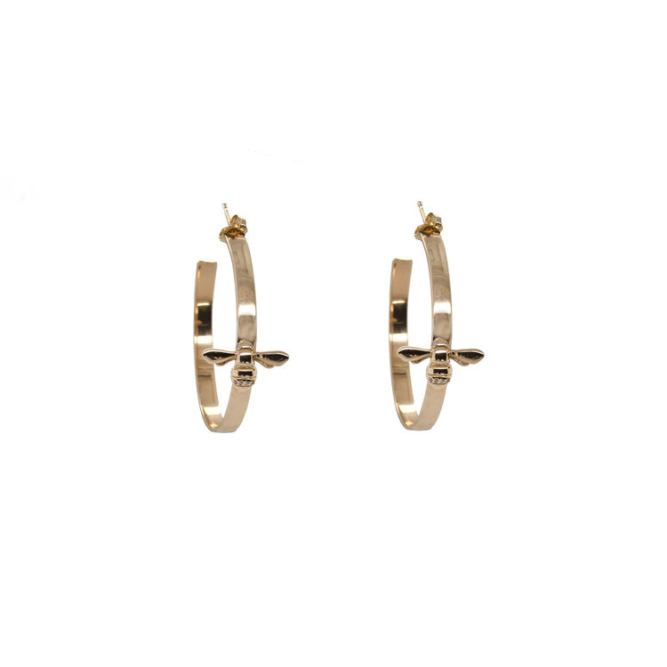 CFJ Bees Polished Gold and Pave Diamond Tiny Bee Gold Hoop Earrings