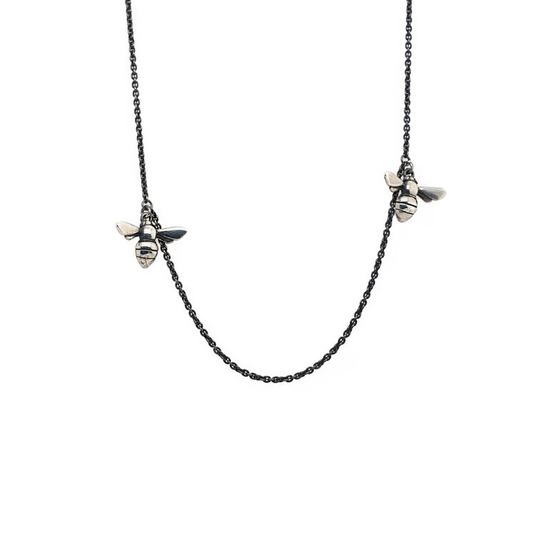 CFJ Bees Floating Bee Necklace 36" Oxidized Sterling Silver