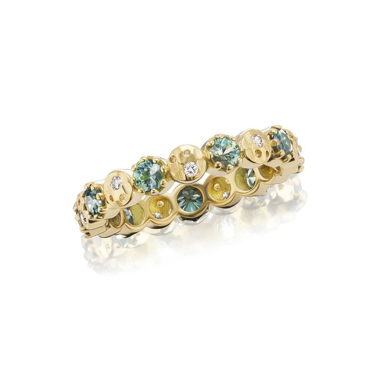Dana Bronfman Every Other Round Teal Sapphire and Oculus Eternity Band