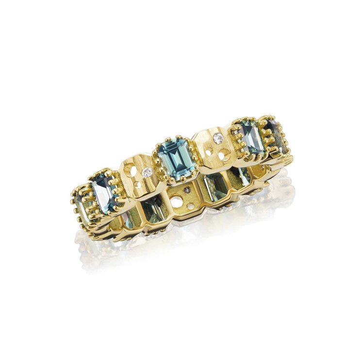 Dana Bronfman Every Other Emerald Cut Teal Sapphire and Oculus Eternity Band