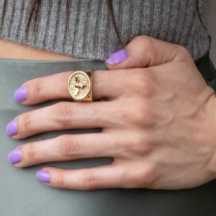 CFJ Bees Signet Ring Tiny Bee Gold with Diamonds