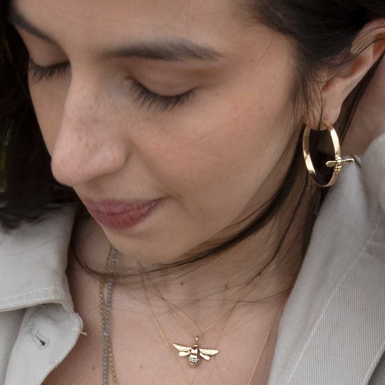 CFJ Bees Polished Gold and Pave Diamond Tiny Bee Gold Hoop Earrings