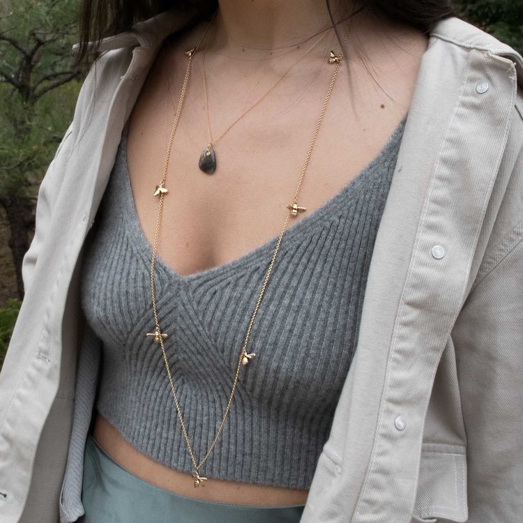 CFJ Bees Floating Bee Necklace 36" Gold with Diamonds