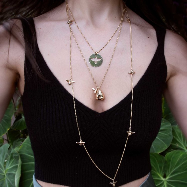 CFJ Bees Pave Tiny Bee and Gold Beehive Pendant Necklace