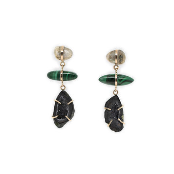 Melissa Joy Manning OAK Gold Triple Drop Opal, Malachite and Tabasco Geode Earrings