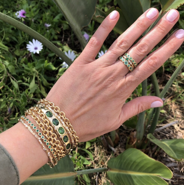 Three Stories Classic Bezel Set Emerald and Diamond Bangle Bracelet