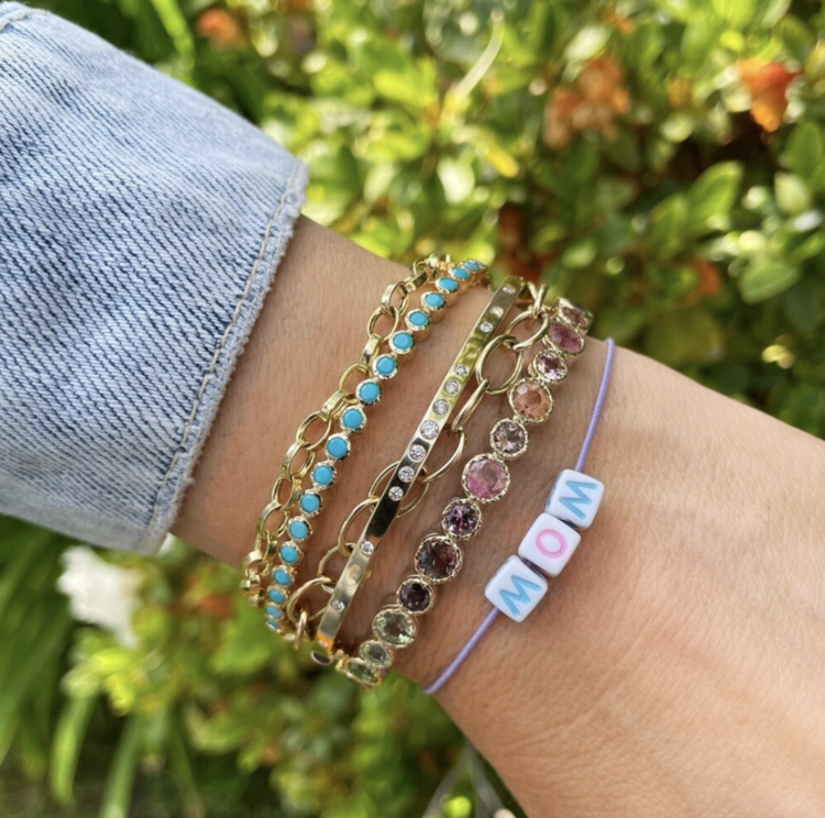 Three Stories Classic Bezel Set Turquoise/Diamond Bangle Bracelet