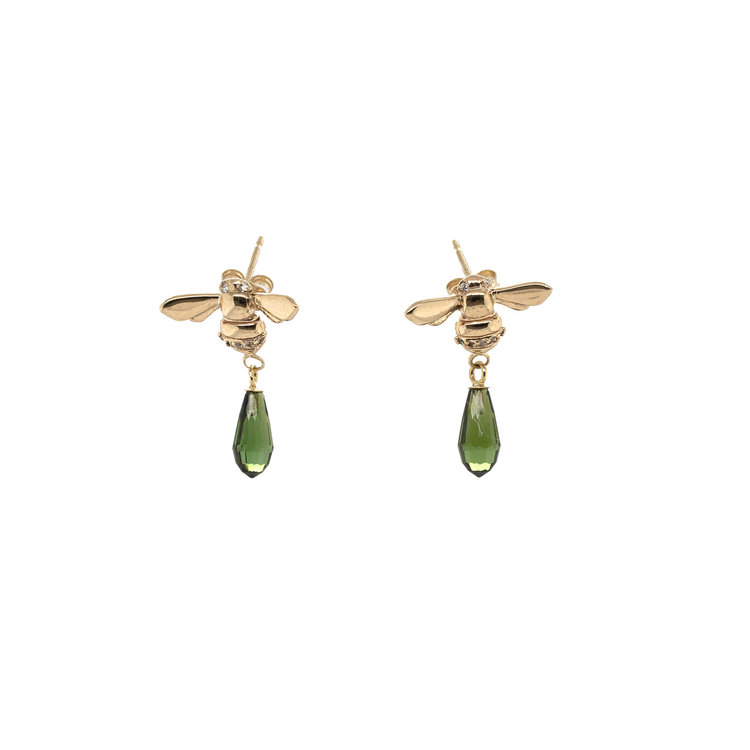 CFJ Bees Faceted Afghan Green Tourmaline Briolette Tiny Bee Diamond Drop Earrings