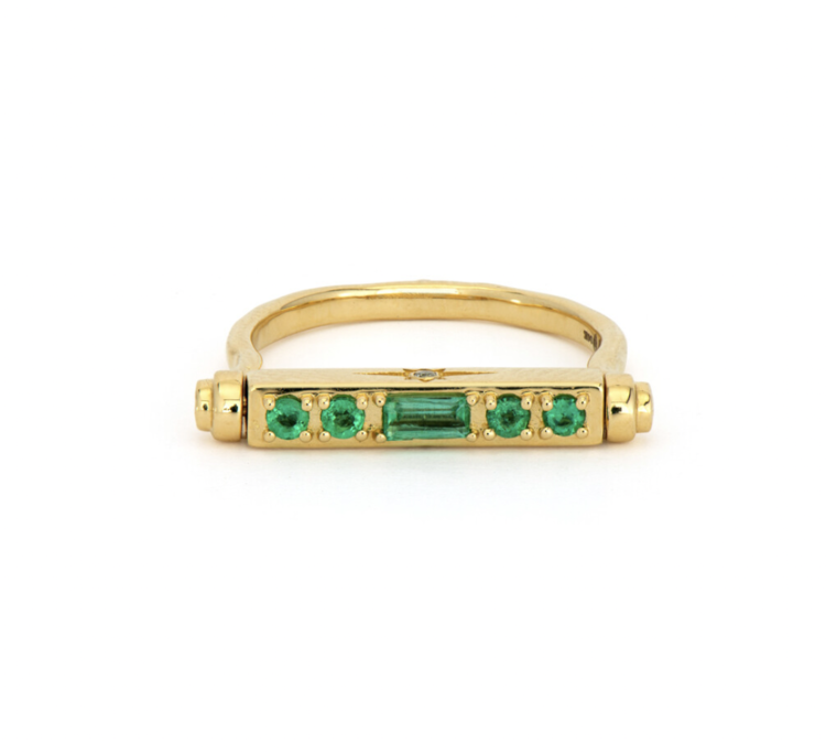 Three Stories Shooting Star Engravable Emerald and Diamond Narrow Flip Ring