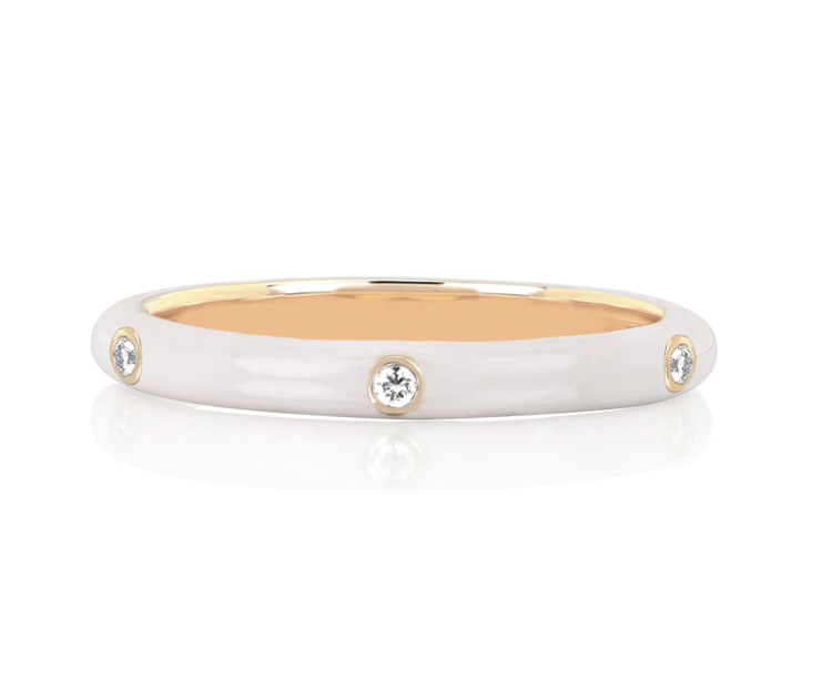 EF Collection Three Diamond 14K Yellow Gold White Enamel Stack Ring