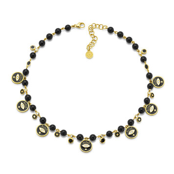 Buddha Mama Black Onyx, Black Enamel, Diamond and Gold Evil Eye Coin Necklace