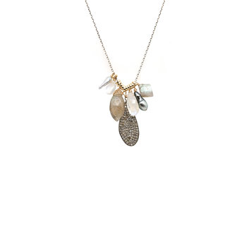 Dana Kellin Labradorite, Pearl, Moonstone, and Diamond Pave Seven Charm Necklace