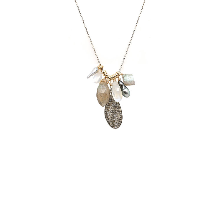 Dana Kellin Labradorite, Pearl, Moonstone, and Diamond Pave Seven Charm Necklace
