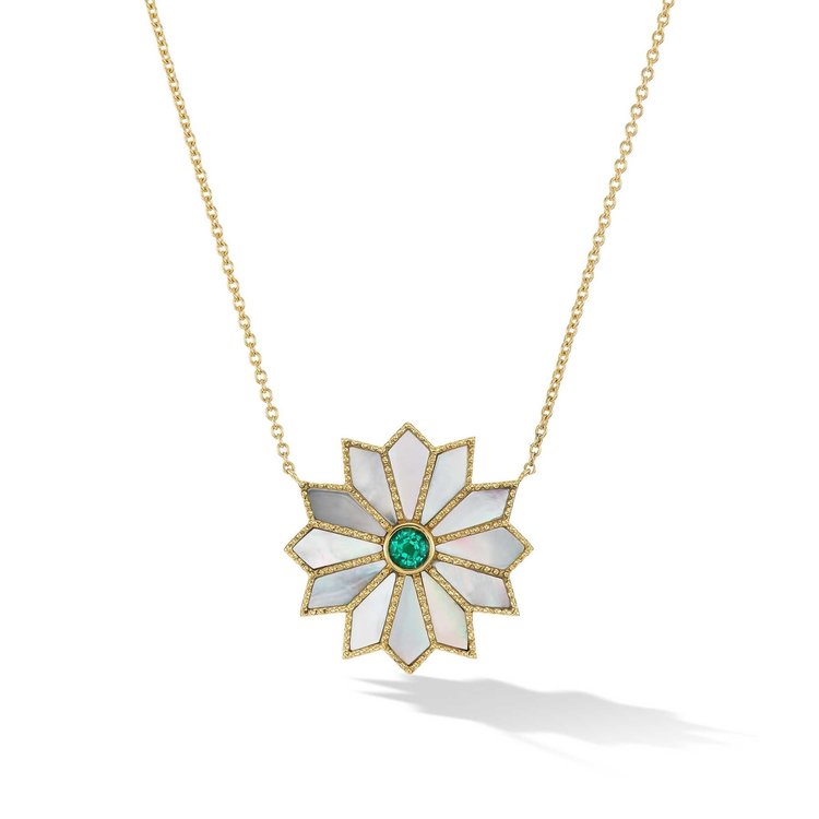 Orly Marcel Sacred Flower Inlay Necklace Emerald and Mother of Pearl