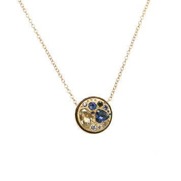 Miles McNeel Diamond and Blue Sapphire Large Circle Yellow Gold Necklace