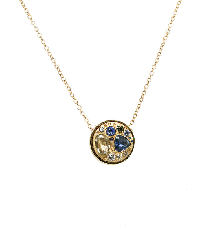 Miles McNeel Diamond and Blue Sapphire Large Circle Yellow Gold Necklace