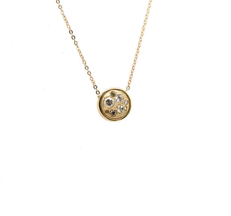 Miles McNeel Diamond and Sapphire Medium Circle Yellow Gold Necklace